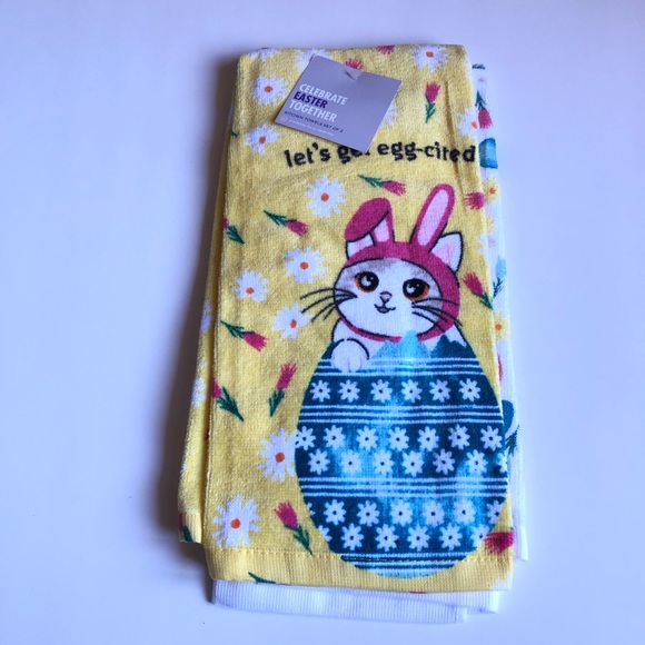 NEW Easter Kitchen Towels Let's Get Egg-cited SET OF 2 Towels Yellow White - Picture 5 of 16